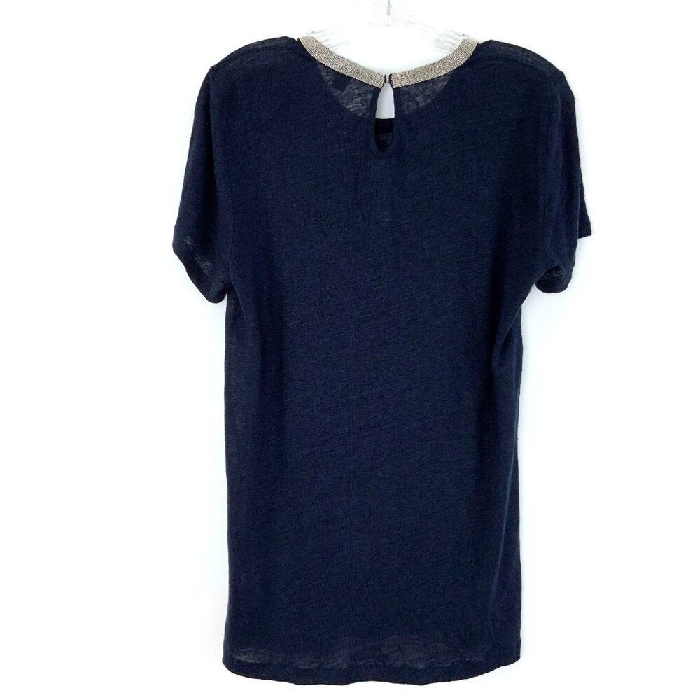 New J. Crew Navy Linen Embellished Collar Short Sleeve Tee Sz M - Picture 8 of 16